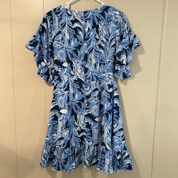 Lilly Pulitzer Blue Floral Ruffle Dress Size 4 | Short Sleeve Tie Waist Mini - Picture 3 of 7